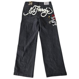 Ed Hardy Women’s Denim Jeans Size 32 Faded Black Skull Embroidered Wide Leg